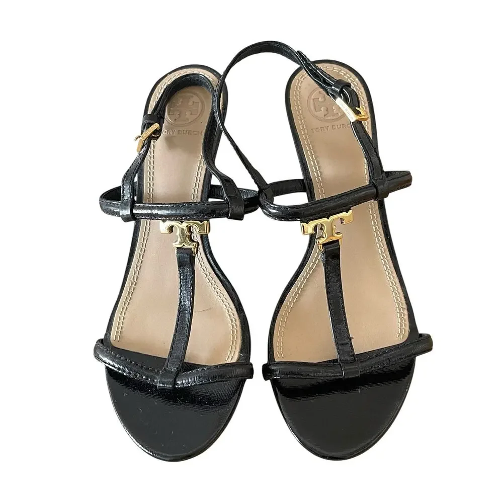 Tory Burch T Strap Logo Patent Leather Black  Heels Sandal 8M